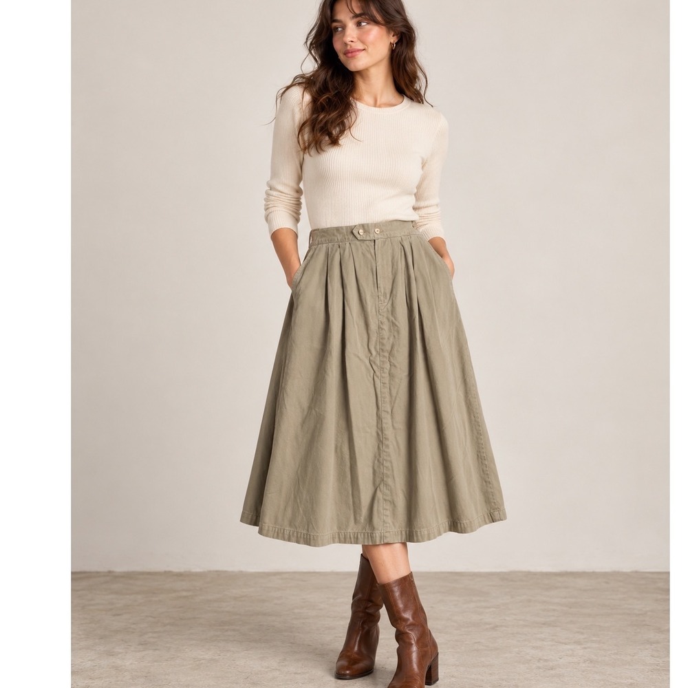 Vintage Lands End Midi Skirt Womens 12 Khaki Tan Pleated Cotton Twill Preppy
